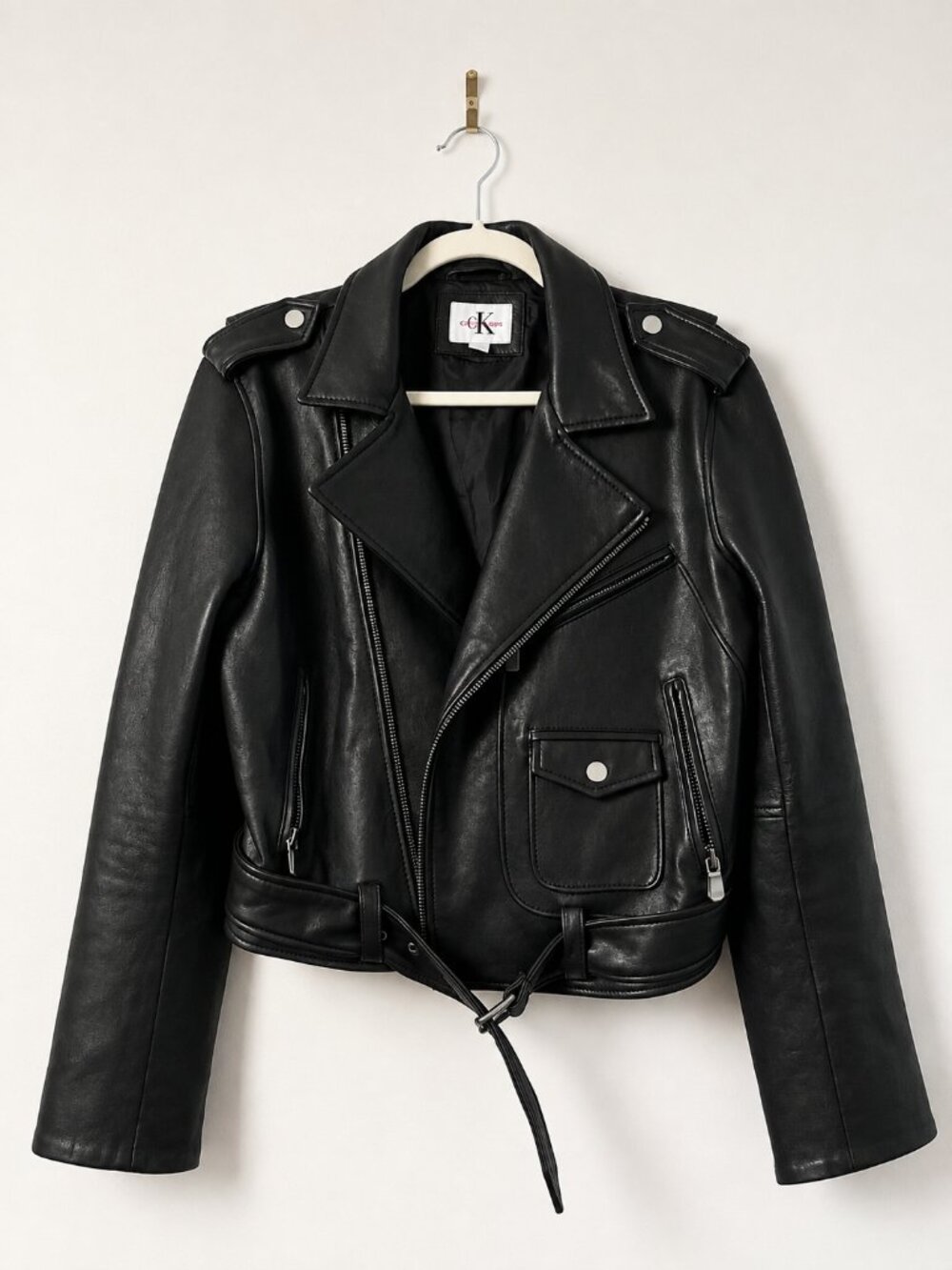 Calvin Klein Jeans Black Genuine Leather Moto Jacket Women's Biker